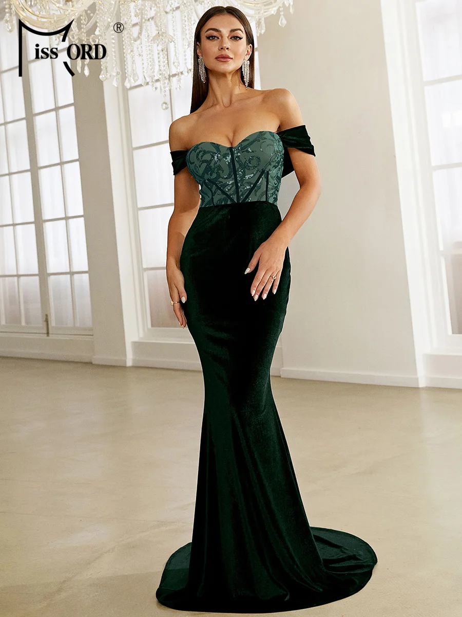 Missord Women Green Velvet Evening Dress Elegant Off Shoulder Sequin Bodycon Maxi Mermaid Cocktail Party Prom Dresses Long Gown