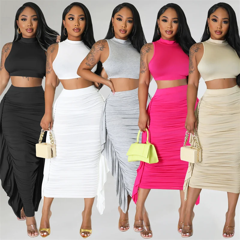 Znaiml Elegant Crop Top and Skirt Club Slim Fit Ruffles Ruched Party Dress Sets Summer Long Skirt Sets for Women 2 Piece Outfit