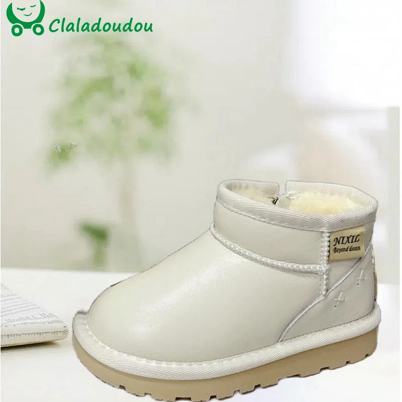 2024 Genuine Leather Snow Boots For Girls,Solid Thick Plush Ankle Boots For Kids Boys,Warter-proof Children Woman Winter Shoes