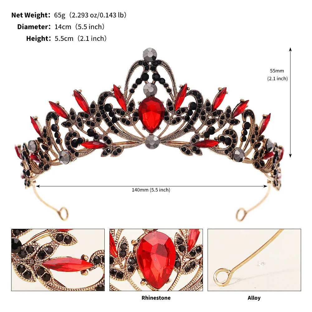 Halloween Vintage Prinzessin Königin Dunkle Krone Kopfbedeckung Kristall Tiara Für Frauen Rote Krone Haar Kleid Zubehör Schmuck – Detail 2