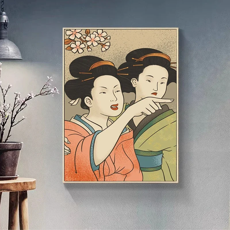 1pc frameless Canvas Painting Woman Yelling At a Cat Poster Vintage Japanese Geisha Home Decor Funny Canvas Painting Wall Art Pr