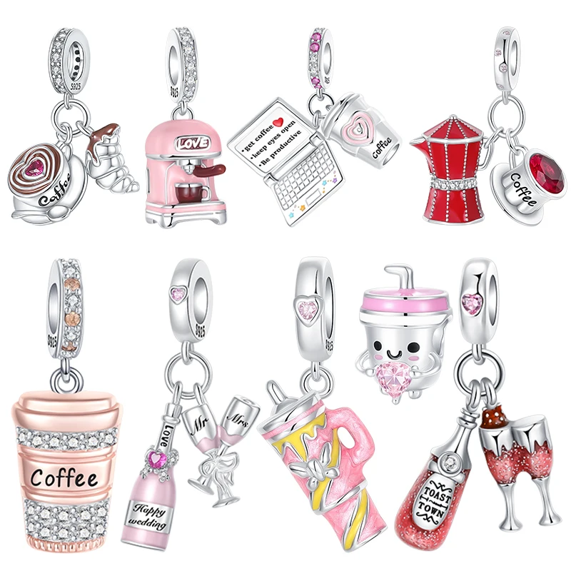Coffee Lover Charms 925 Sterling Silver Coffee Cup Espresso Machine & Bubble Tea Dangle Beads Fit Bracelets Jewelry Gift