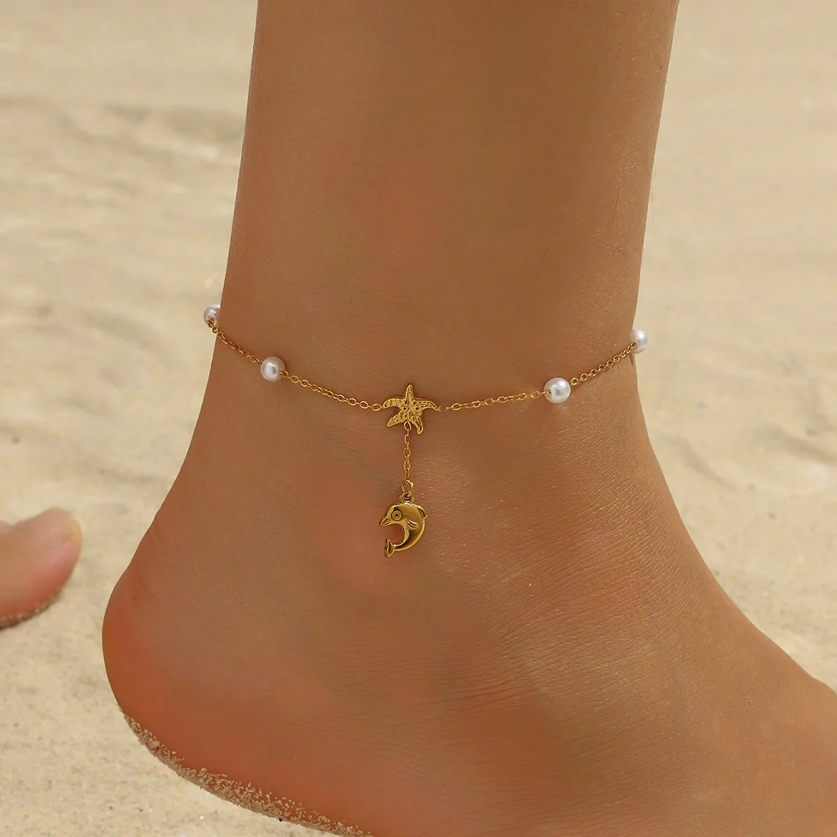 

Stainless Steel Dolphin Starfish Shell Pendant Pearl Anklet For Women Lady Classic Wrist Chain Bracelet Jewelry Glamorous Gifts