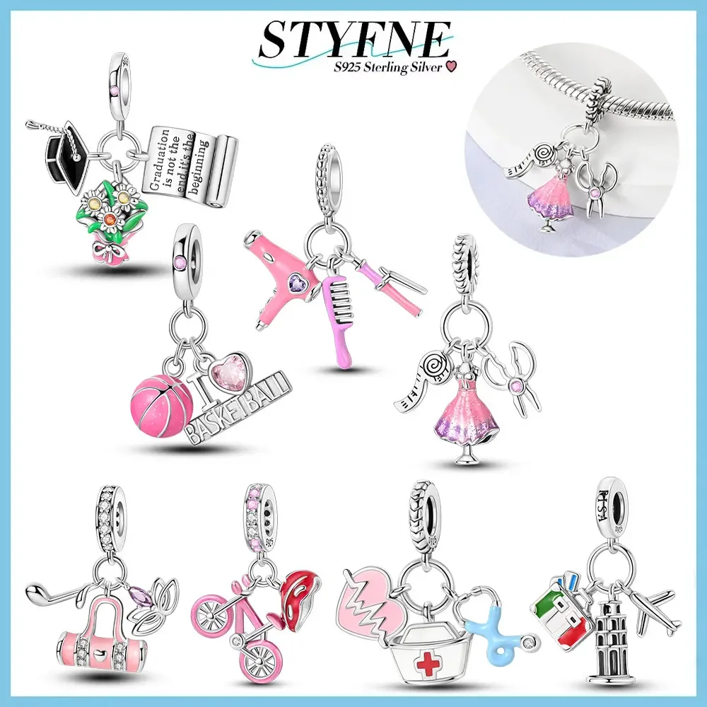 925 Sterling Silver Lifestyle Series Curling Iron Hair Dryer Comb Beaded Charm Fit Original Bracelet Jewelry Accessories Gift