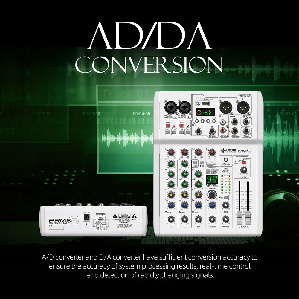 Best Seller Professional Debra PMX-6 6-Channel Mixer 99 DSP Effects Noise Cancelling Wireless Adjustable Voice Two-Person Sound
