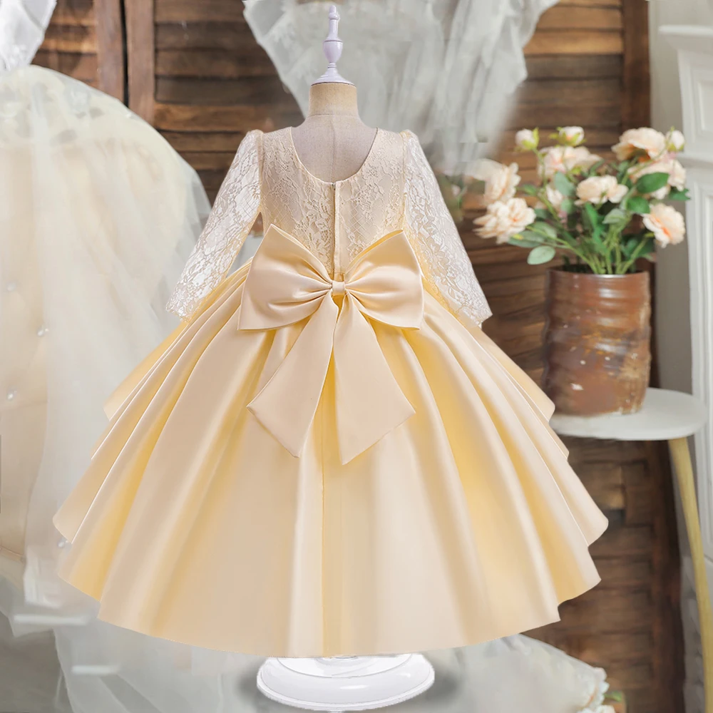 Kids Wedding Party Dresses Girls Bow White Flower Long Sleeved Costume Clothes Children Birthday Princess Gown Evening Vestidos