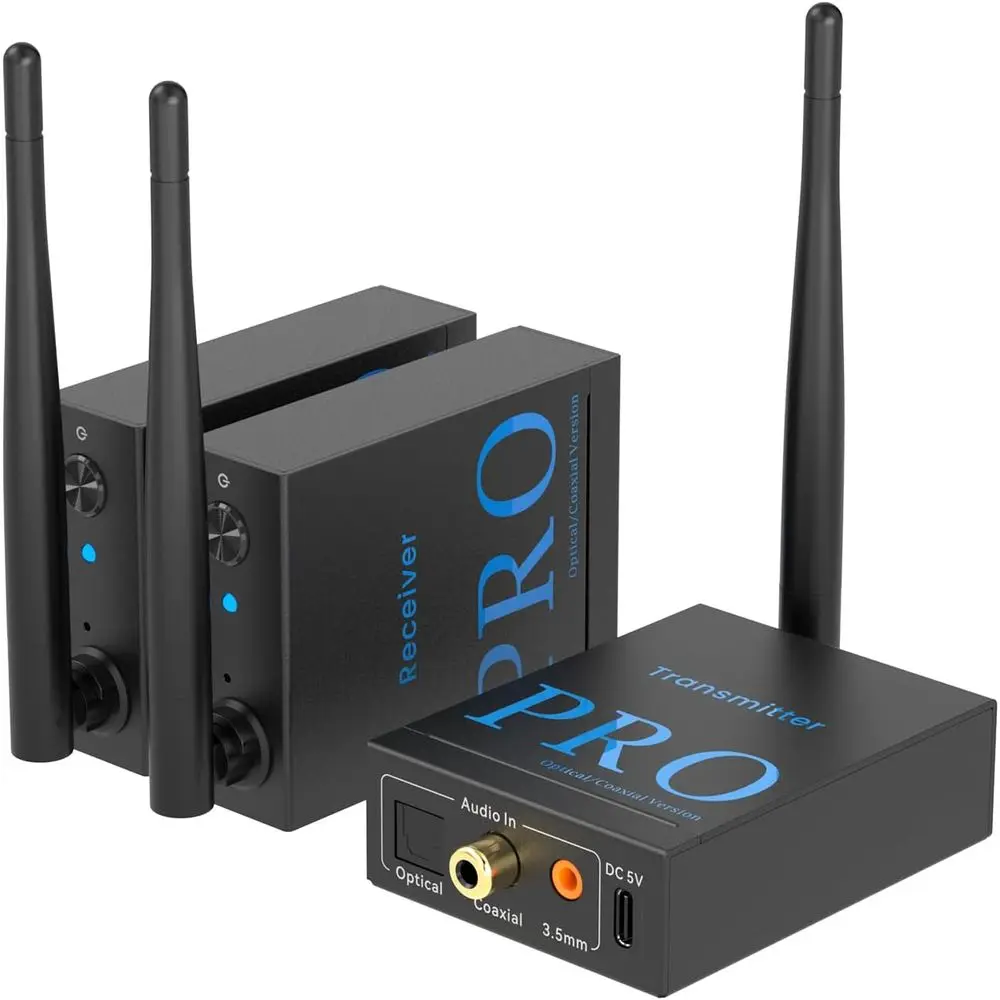 

3-in-1 2.4Ghz WirelAudio Transmitter Receiver or 2 Subwooer/Active Speaker/Power Ampliier, 20ms Low Latency, 320t Range, Optical