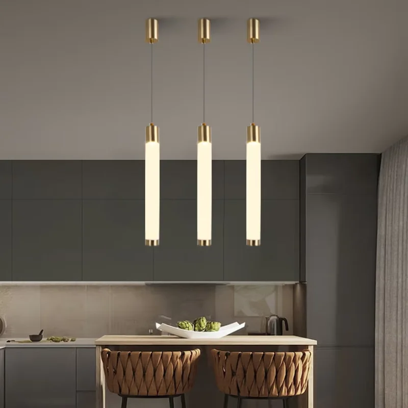 Nordic LED Chandelier Pendant Light Gold Cylindrical Long Tube Lamp for Restaurant Kitchen Island 360 Degree Luminous