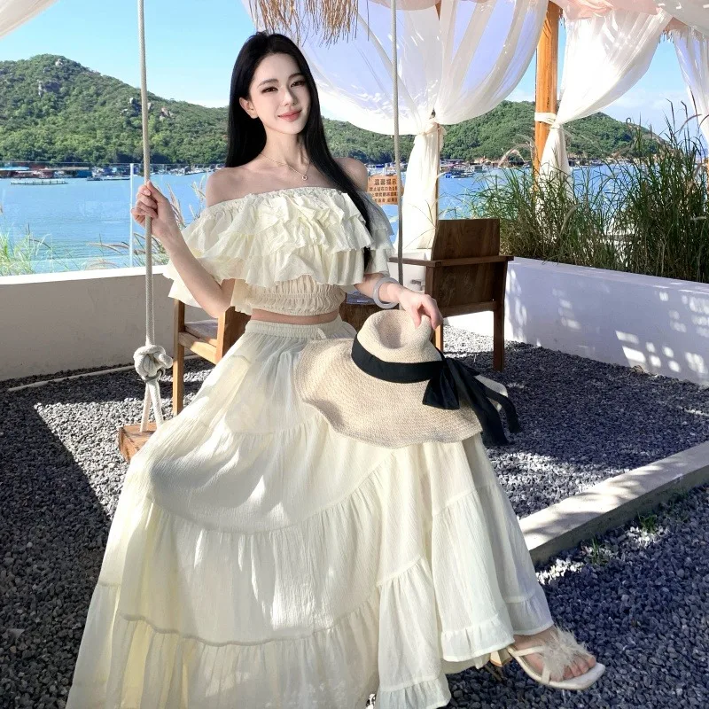 

Ele Maxi Skirt Set with Bell Sves Ethnic Sle Holiday Theme f-length Skirt with Flounce Detail Faionable Women's...