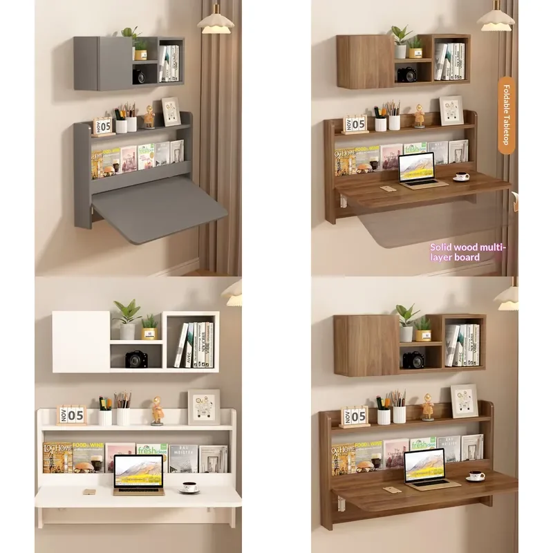 Hanging Wall-Mounted Foldable Solid Wood Desk Bed End Bookcase Integrated Bedside Study Table