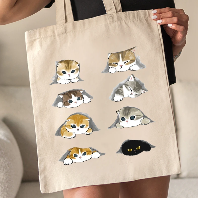 Sac fourre-tout à motif de dessin animé de chats mignons pour filles, sacs initiés en toile, sac à main de shopping réutilisable, pochette chimazole pliante, cadeau pour elle