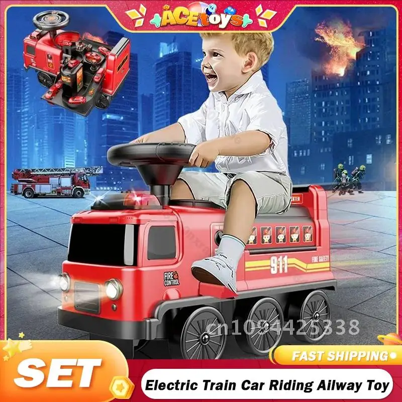 Child Electric Train Car Riding Toy Ailway Baby Stroller Walker Child Can Carry Train Rail Classical Model Fire Police Space Car