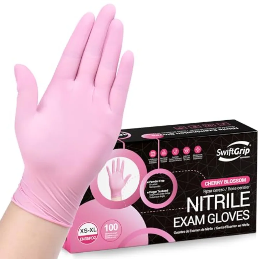 

Pink Nitrile Gloves, 3-mil, Industrial Gloves Disposable Latex Free, for Cleaning and Esthetician, Rubber Powder-Free, -ct Box