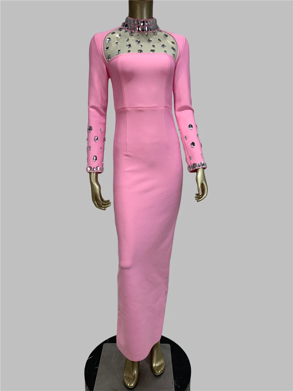

Women Luxury Pink Bandage Dress Elegant Long Sleeve Turtleneck Rhinestones Tulle Inset Long Birthday Evening Party Gowns