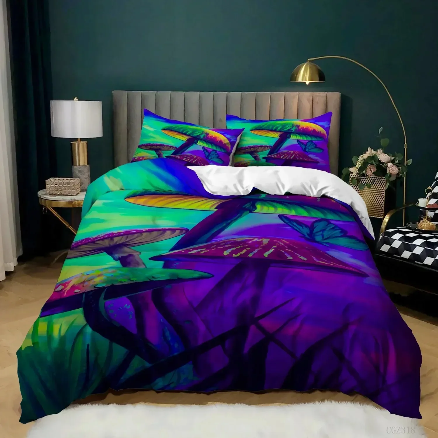 Mushroom Duvet Cover King Queen Size Magic Forest Colorful Cute Psychedelic Mushrooms Polyester Bedding Set for Kids Multicolor