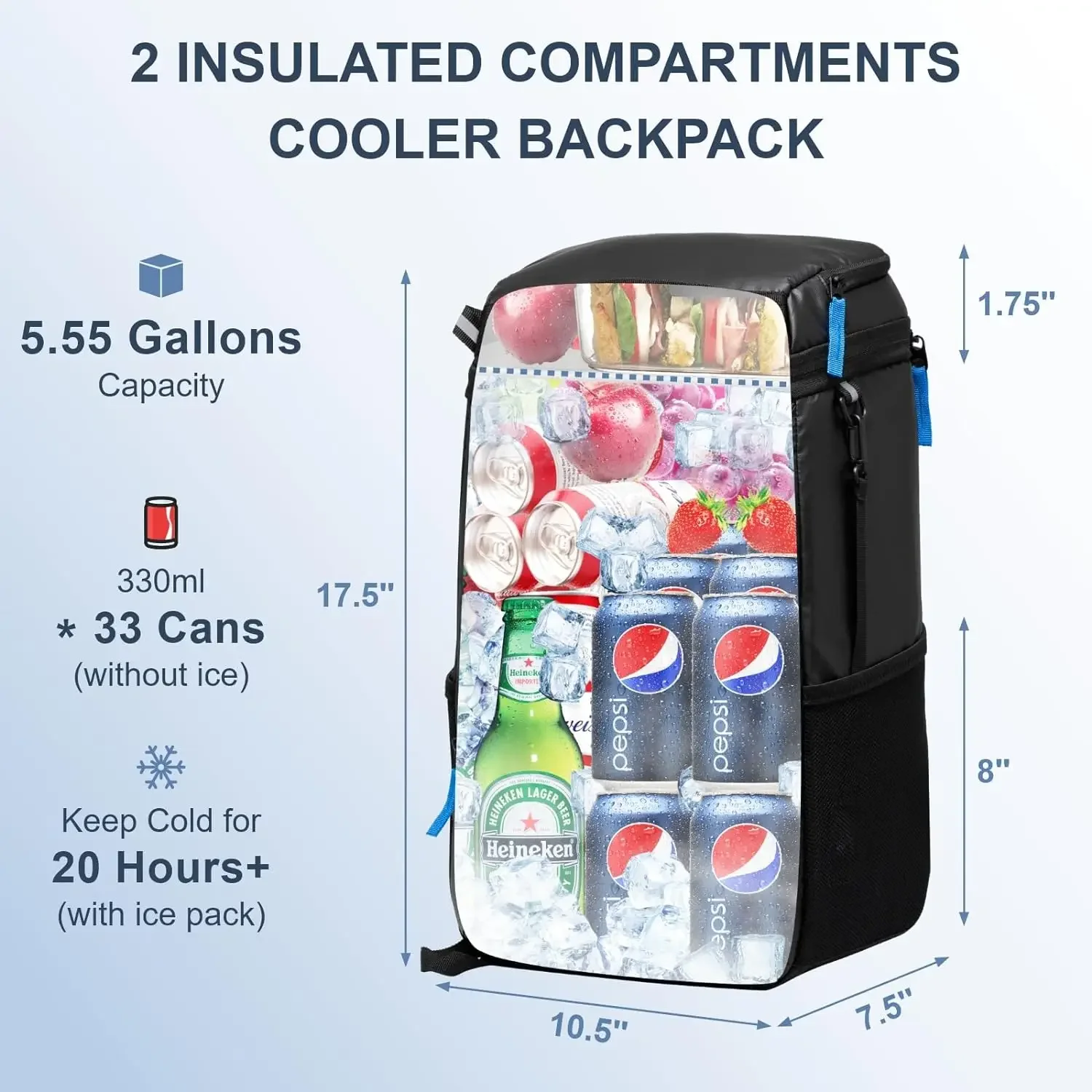 Backpack Cooler Insulated Leak Proof 49 Cans, 2 Insulated Compartments Thermal Bag, Portable Lightweight Beach Travel Camping