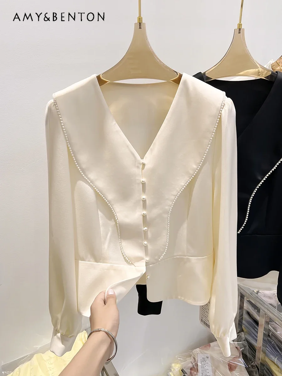 

Autumn Graceful V-neck Ruffle Edge Bead Splicing Solid Color Long-sleeved Chiffon Shirt Women Office Lady Versatile Casual Shirt