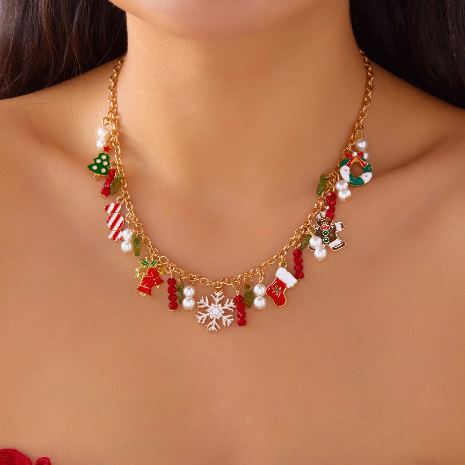 Weihnachten Schneeflocke Lebkuchen Weihnachten Baum Anhänger Halskette Für Frauen Schneemann Santa Claus Schneeflocke Perlen Halsband Partei Schmuck
