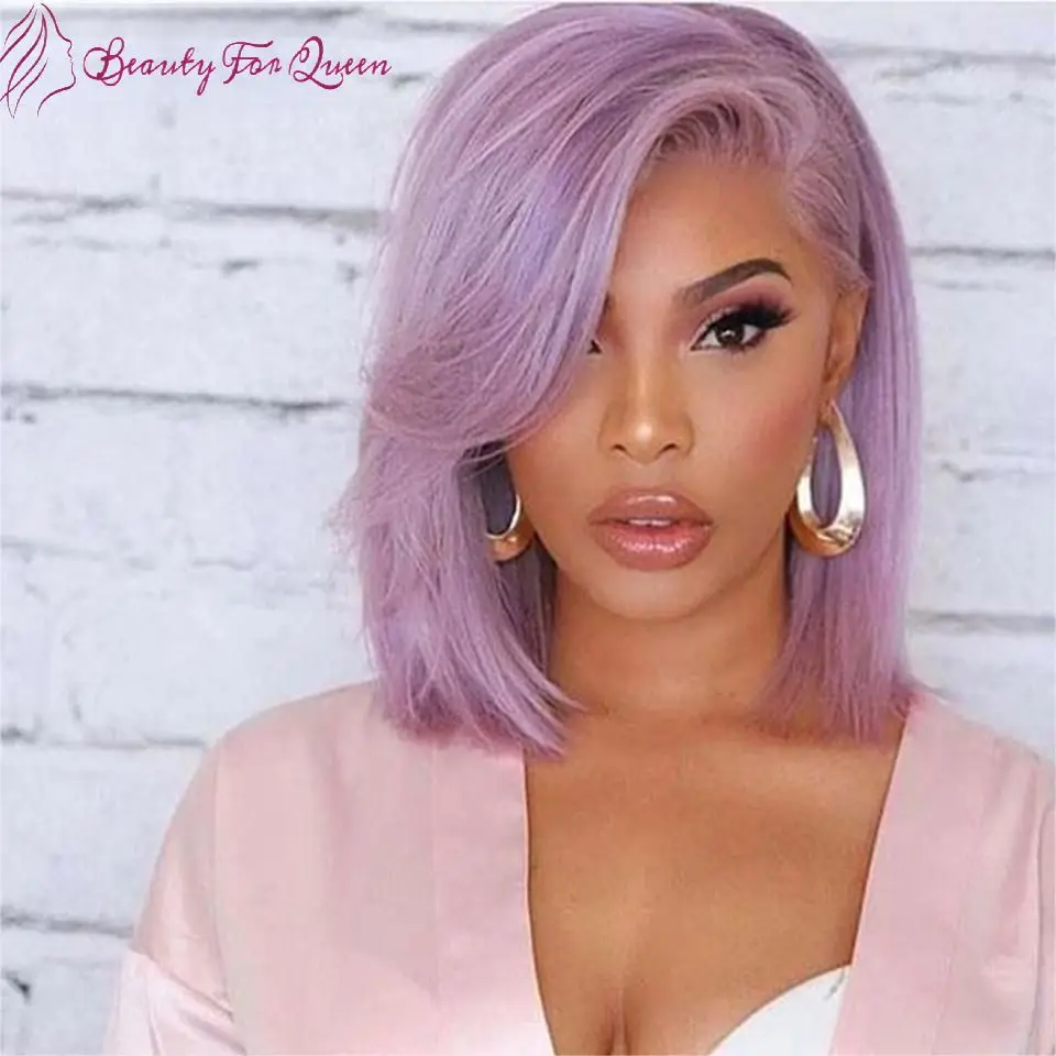 

Cosplay 13x4 Brazilian Human Hair Wig Light Purple Straight Short Bob Transparent HD Lace Frontal Wigs For Women Pre Plucked