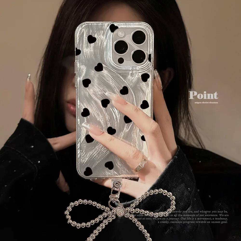 Black Dot Bow Hanging Decoration for Iphone16 Pro Max Series Mobile Phone Case Hard Shell PC Material Mobile Phone Bag