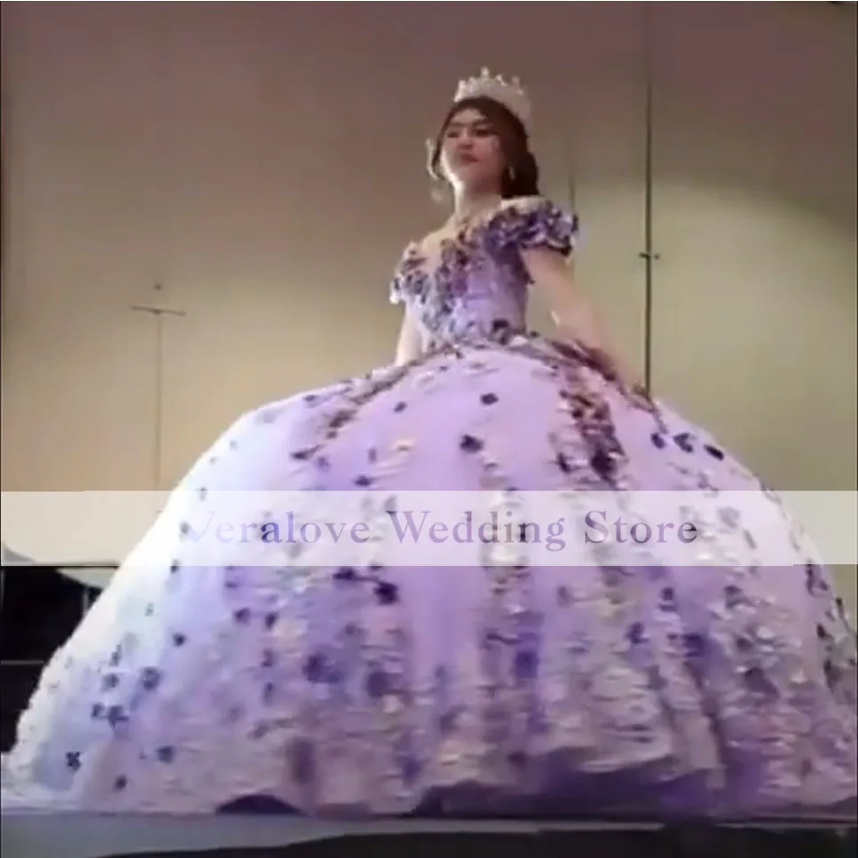 Gaun Dansa Bahu Terbuka Gaun Quinceanera Gaun Korset Manik-manik Applique 3D Gaun Pesta Prom Gadis Panjang Jubah Putri Femme