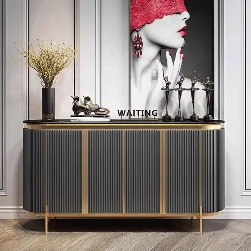 Luxury black gold dining room sideboard with metal modern marble tabletop buffet living room side locker