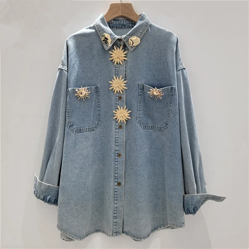 

Женская джинсовая рубашка SuperAen с металлическими пуговицами в виде цветов, весна 2026, новинка, винтажный стиль в европейском и американском стиле, с длинным рукавом