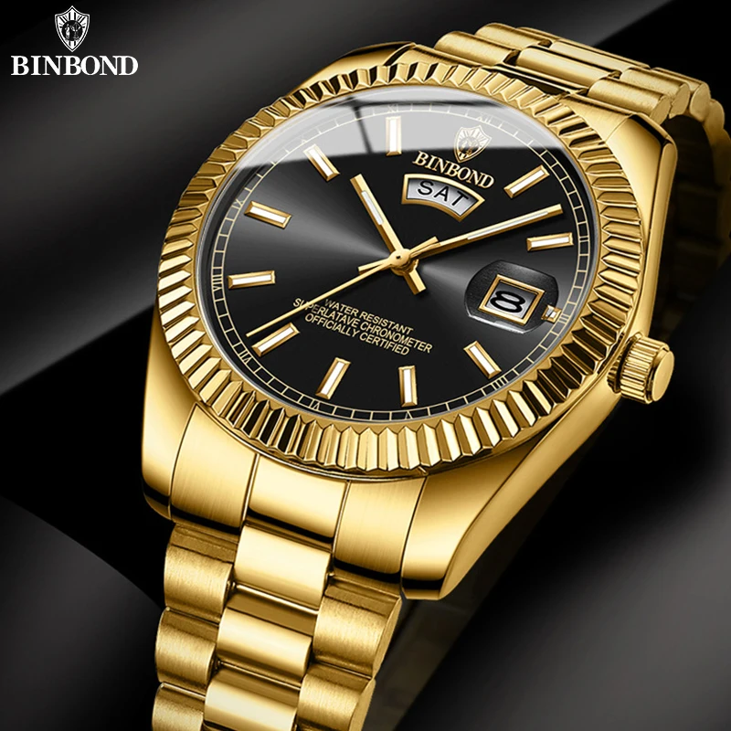 Reloj de cuarzo BINBOND para hombre, marca deportiva, acero inoxidable resistente al agua, fecha y día, pulsera 2