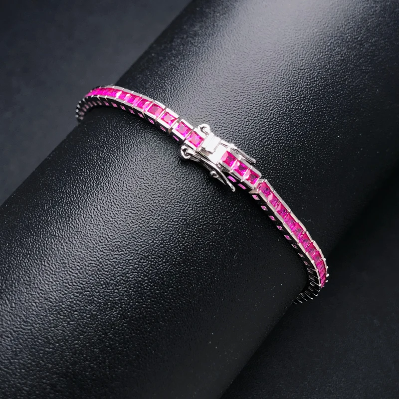 CSJ Elegant  Solid Real 925 Silver Tennis Bracelet Ruby Pave Square 2mm 18cm Fine Jewelry for Women Party Wedding Gift