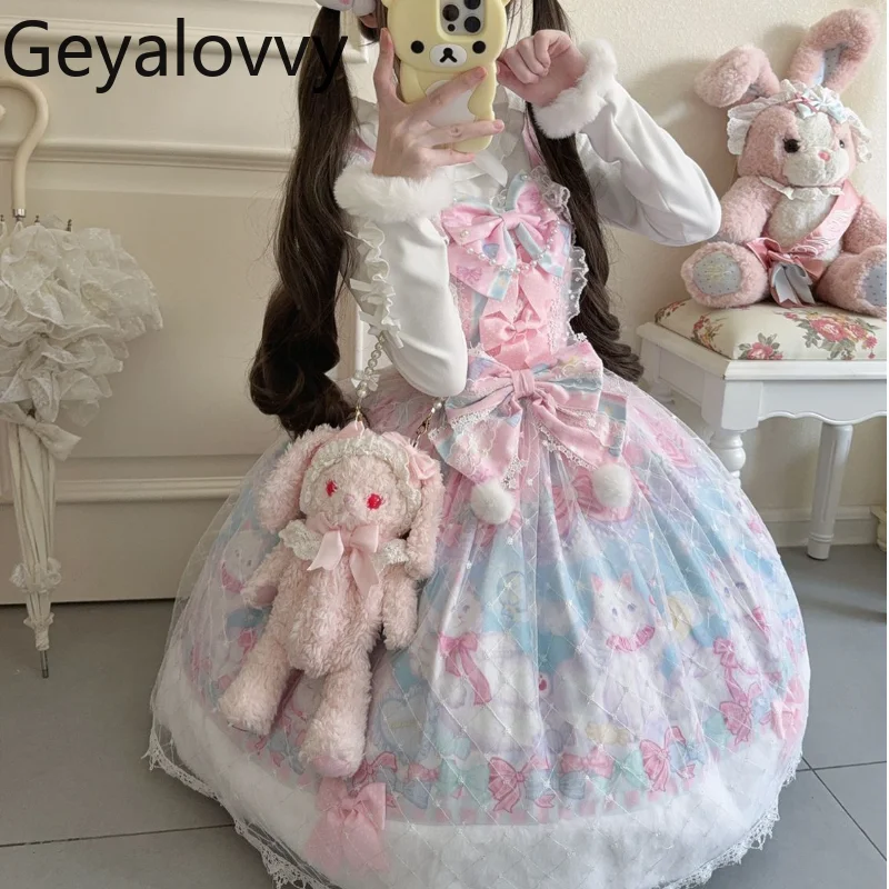 

Original Design Lolita Sweet Cute Girl Printed JSK Strap Dress Daily High Waist Slim Fit Bow Sleeveless Mid-length Dresses