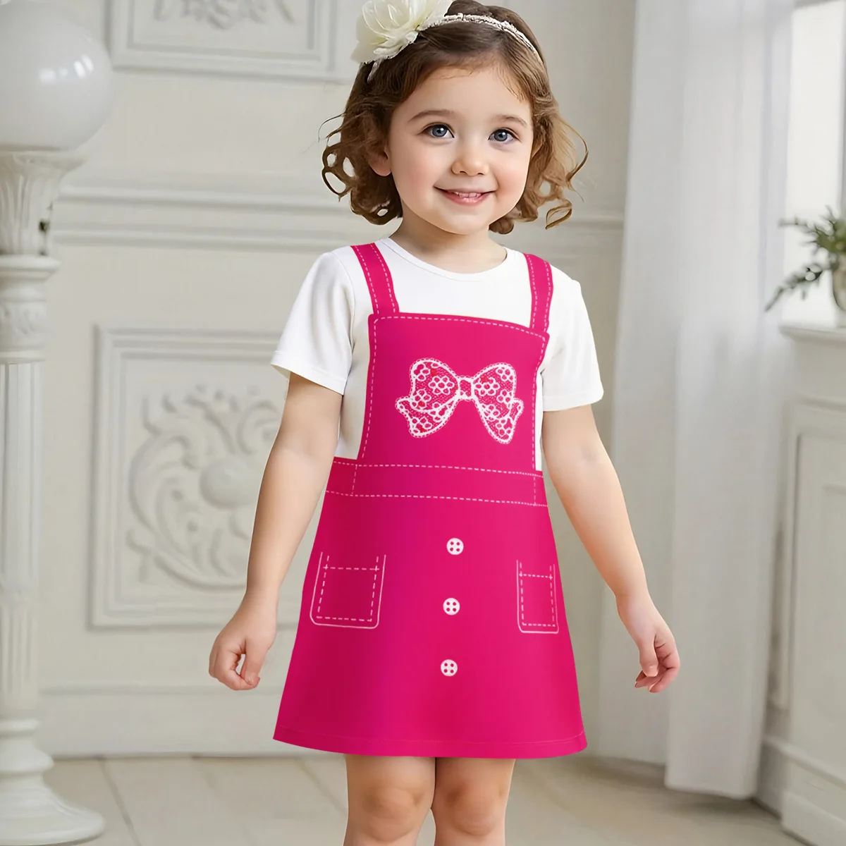 Somenie Summer New Girls' Dress Cross border Hot Sale Strap Skirt Fake Two Piece Bow Printed Short Sleeve T-shirt