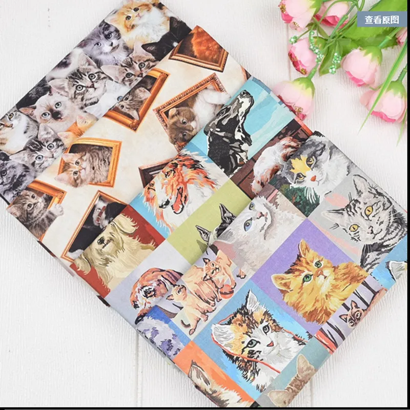 Plain 100% Cotton Fabric with Cartoon Simulation Cat Print, Handmade DIY Bag, Garment Dress, Sewing Tissue, CR-1814