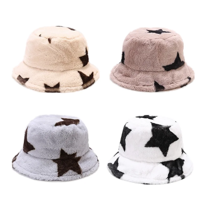 New thick plush five-pointed star fisherman hat women's warm basin hat casual sun hat