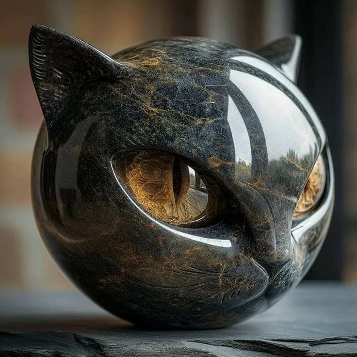 Luxury Black Cat Stone Sculpture- Elegant Home & Garden Ornament, Modern Outdoor Decorative Art