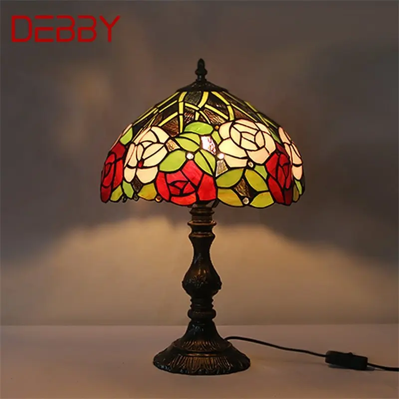 DEBBY-lámpara de mesa Tiffany LED creativa, luz de escritorio de cristal de flor rosa, decoración de moda para el hogar, sala de estar, dormitorio, mesita de noche