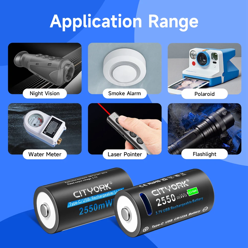 CITYORK 3.7V CR123 CR123A Rechargeable Battery Type-C USB Charging 100% Capacity 2550mWh RCR123 16340 16350 Li-ion Batteries