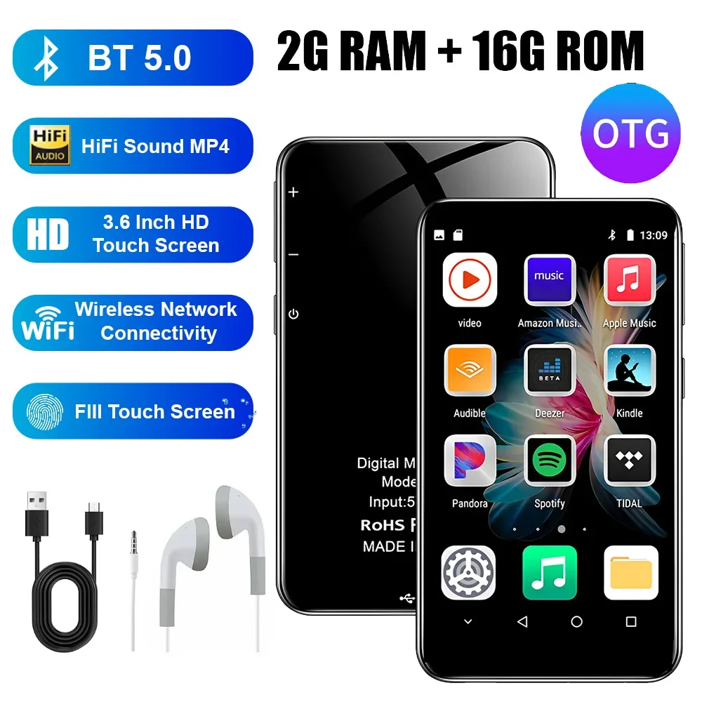 Lecteur MP4 avec écran tactile complet, 64 Go, WiFi, Bluetooth 5.0, 3.6 ", musique MP3 plus tard avec Spotify, streaming Android 8.1, 2 Go Dean + 16 Go