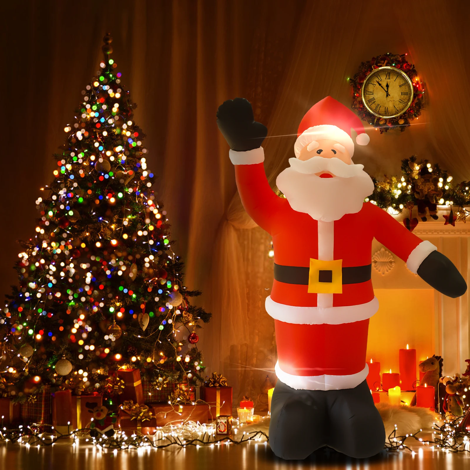 8FT Giant Christmas Inflatable Santa Claus Outdoor Decoration w/ LED Light, Cute Santa Tilting His Head and Waving Hand Outside