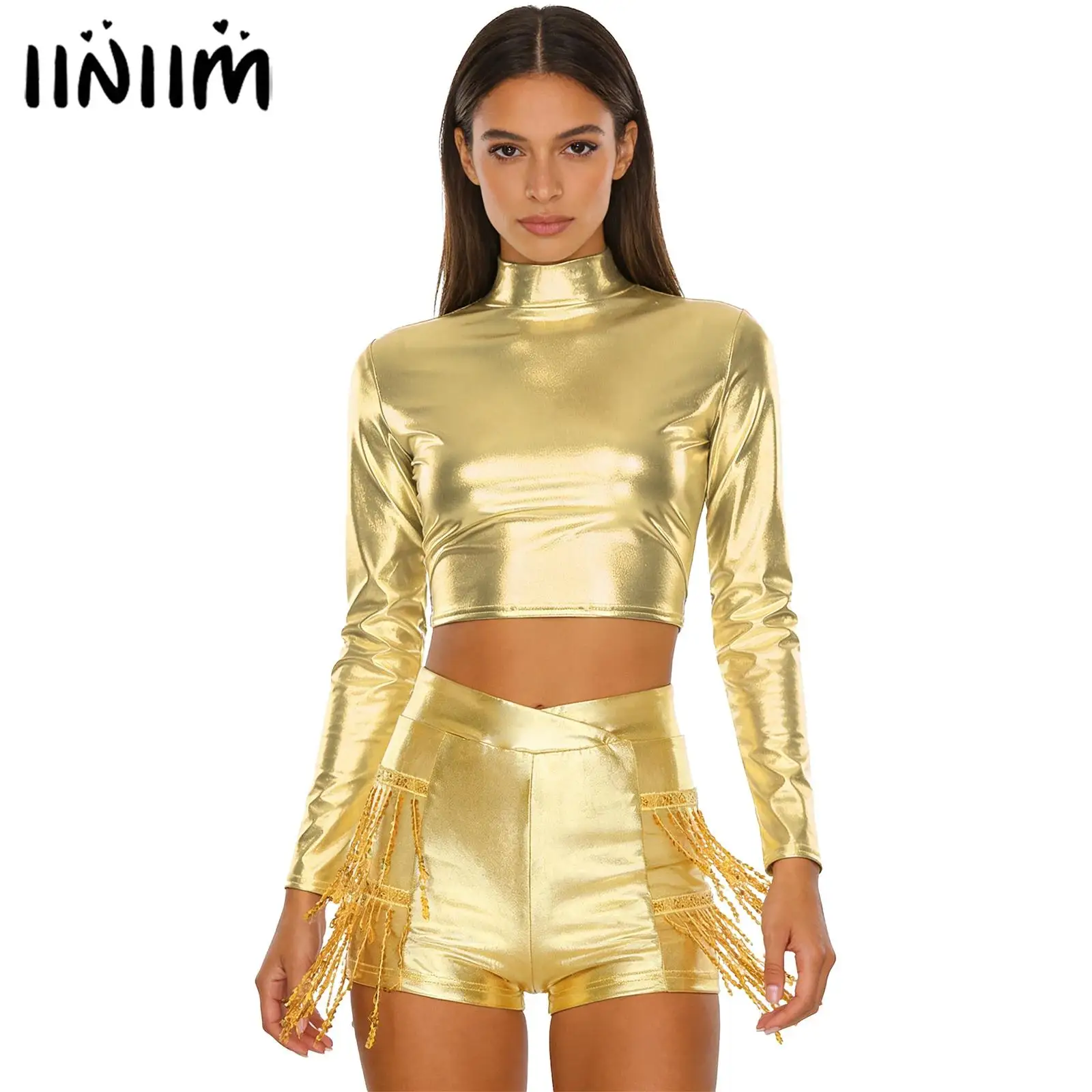 Metallisch glänzende lateinamerikanische Jazz-Tanz-Outfits für Damen, Performance-Kostüm, langärmliges Crop-Top und gestufte Pailletten-Quastenshorts