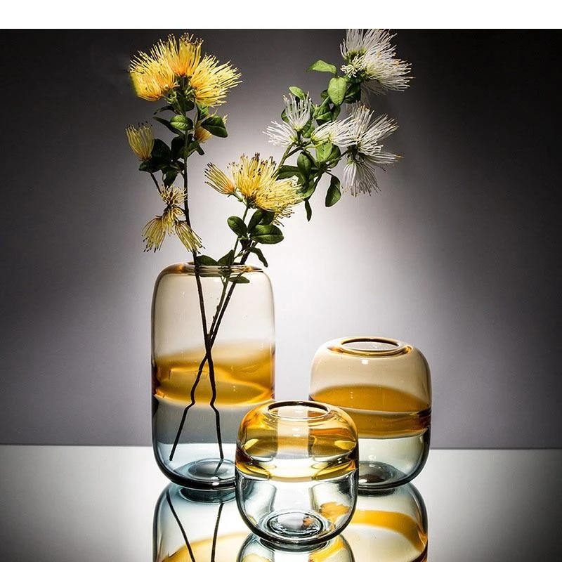 Gradient Amber Colored Glass Vase Hydroponic Flower Pot Desk Decoration Artificial Decorative Floral Arrangement