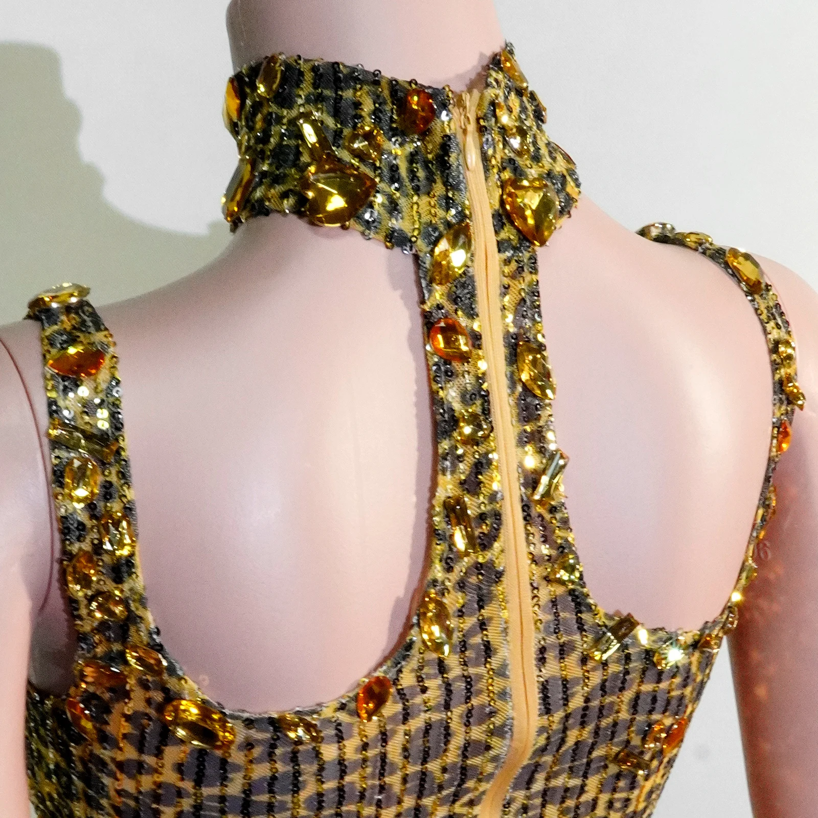 Robe en cristal imprimé léopard à paillettes dorées, vêtements de scène élégants, spectacle de chanteur, danse, Costume Drag Queen d'anniversaire