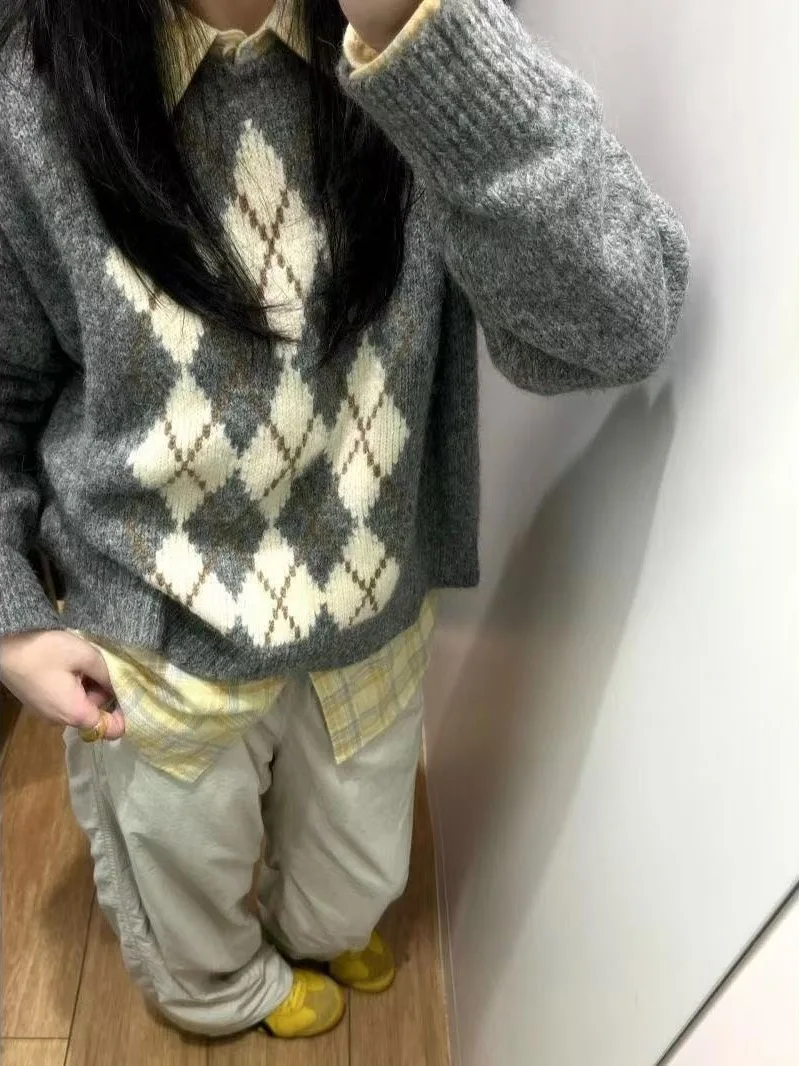 Suéter de Mujer con Patrón de Diamantes Fair Isle, Estilo Hoado, Tejido de Punto, Estilo Dulce, Manga Larga