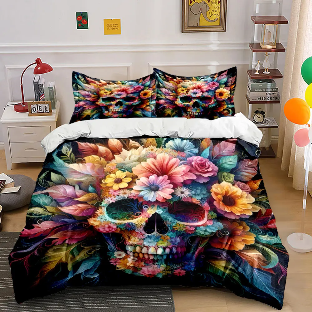 Vibrant Floral Skull Art Bedding Set for Kids Luxury Gift 3pcs Digital Print Comforter Set Soft Comfortable Breathable