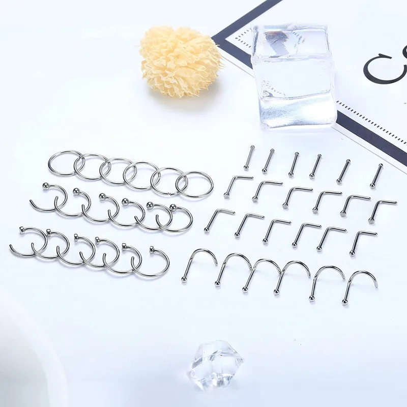 Stainless steel 42PCS nose ring nail, surgical steel nose piercing kit, hypoallergenic nose piercing jewelry, 20-gauge nose nail