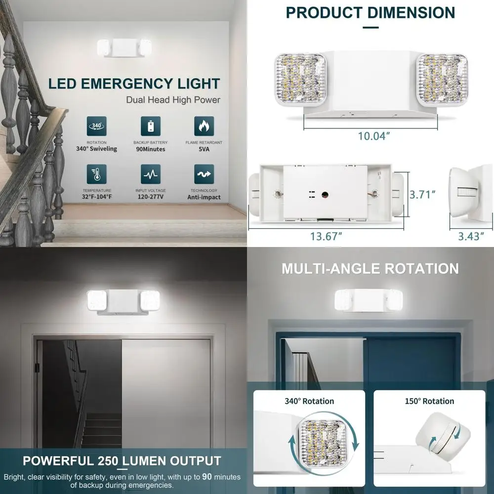 

Emergency LED Lights, Dual Adjustable Commercial Fixtures, 90-Minute Battery Backup, Hardwired, 120-277V, Fire-Resistant (UL 94V