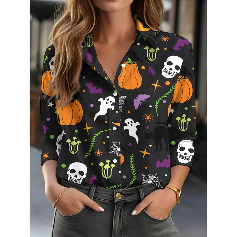 Halloween-themed fun print women's long-sleeve casual top with unique eye-catching design versatile for daily commuting