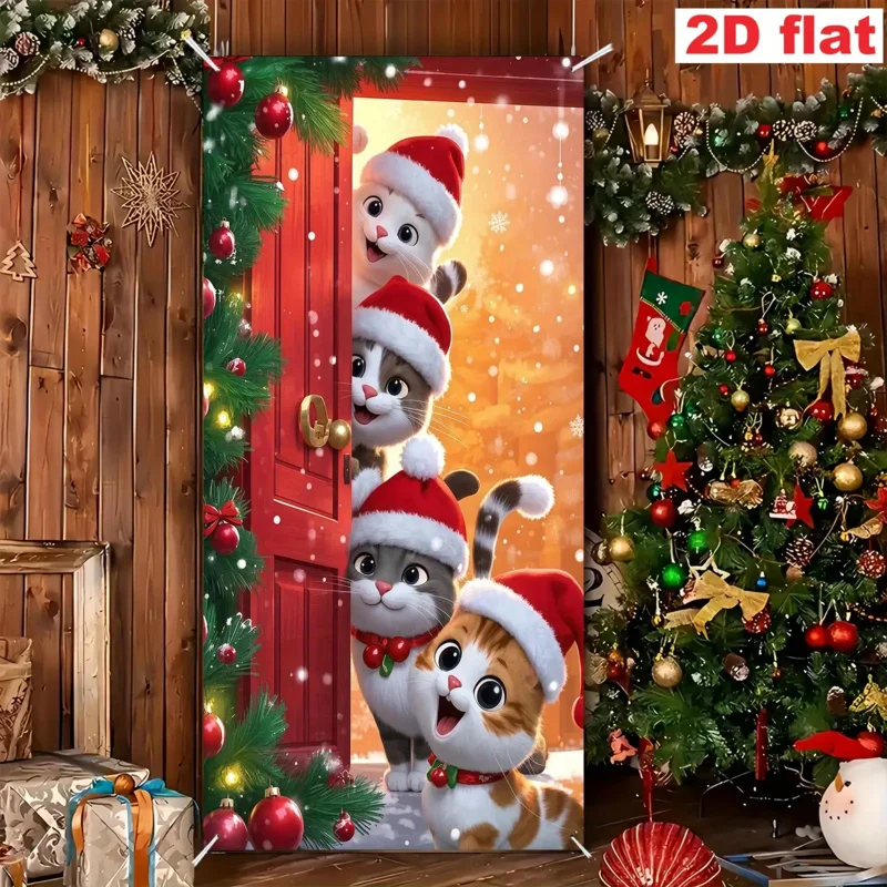 1pc 2D flat panel with Santa hat cat design, perfect for holiday parties and winter celebrations, no power required - wzy