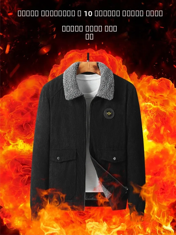 Thickened Fleece Lined Corduroy Jacket Zipper Collar Multi-Pocket Winter Coat for Middle-Aged Men Casual Warm Breathable Cott...