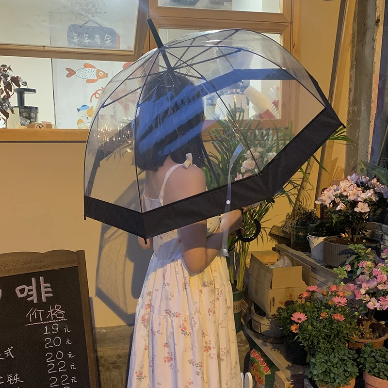 Korean INS Transparent Umbrella Long Handle Automatic Couple Net Red Umbrella Edge Reinforcement Windproof Female Hook Umbrella