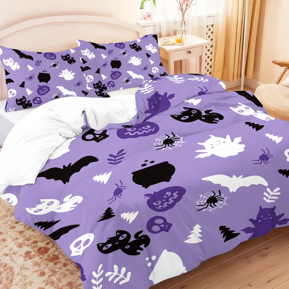 

3-piece Halloween themed purple cute ghost pumpkin pattern duvet cover set, 1 duvet cover+2 pillowcases, coreless
